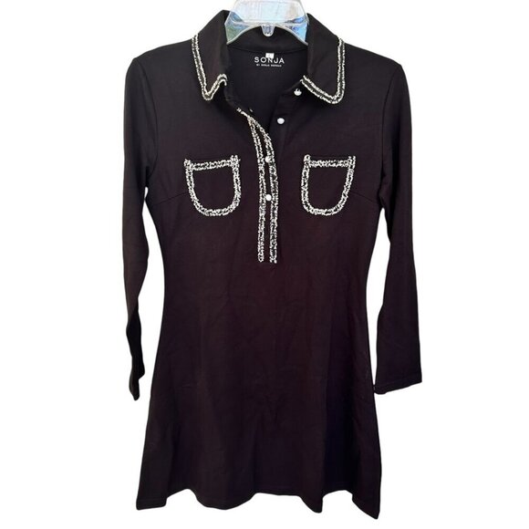 Sonja Morgan Black Collared Long Sleeve Mini Dress Beaded Trim, Size Large NWT - Picture 3 of 15